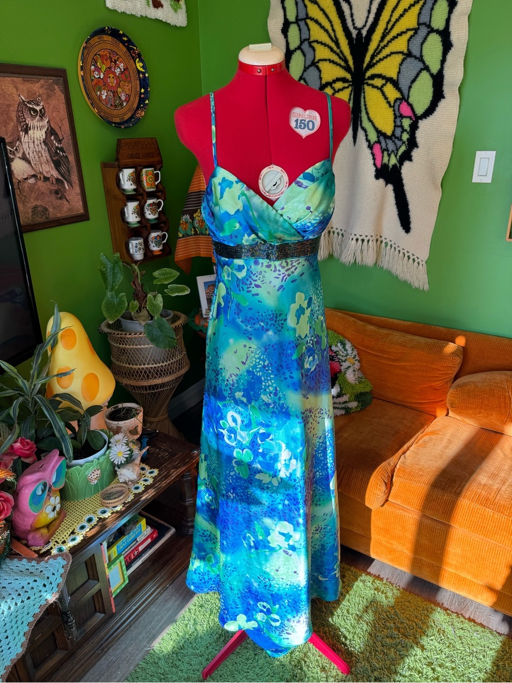 Jolie Blue-Green Floral Spaghetti-Strap Maxi Dress